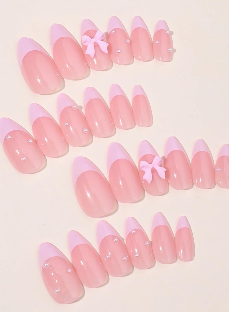 Layali 24-Piece Full Cover False French Tip Press on Nails,Medium Fake Nails Almond Glue on Nails Bow Charm Pearl Design Acrylic Nails(Pink) - Image 5
